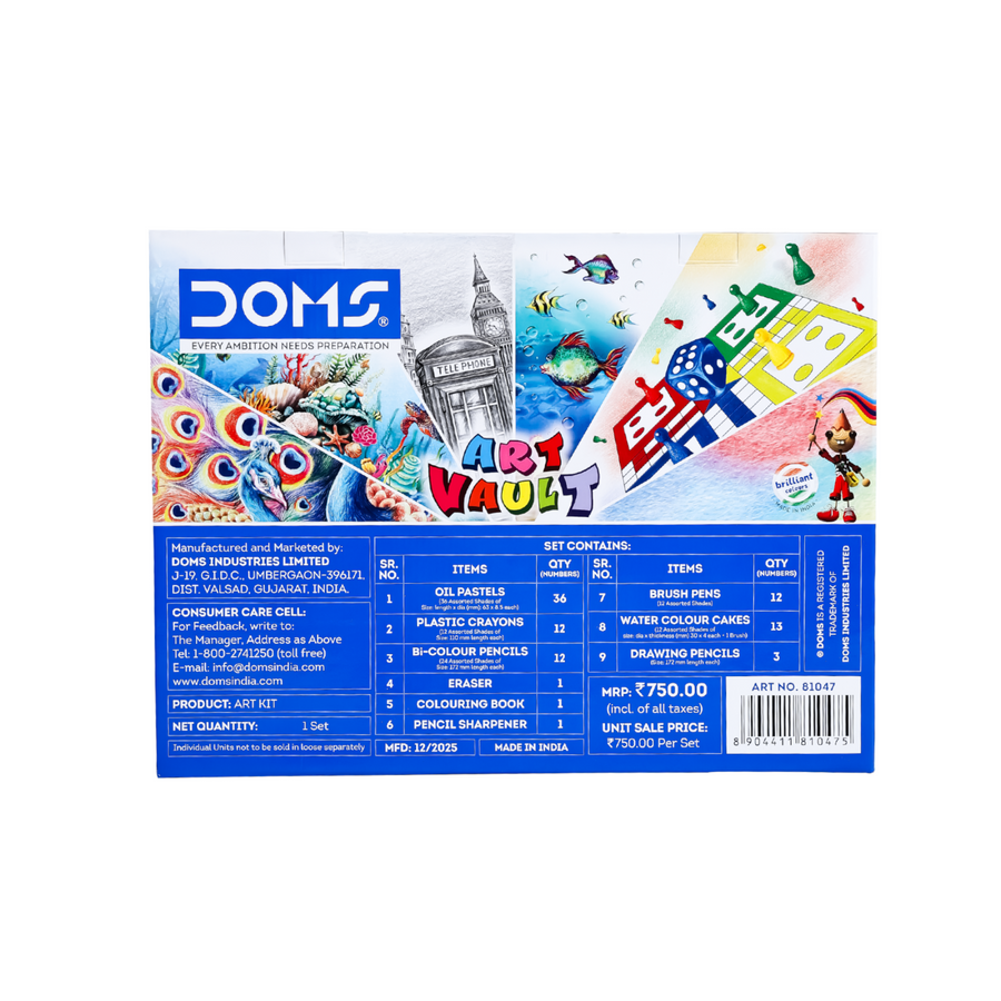 DOMS Art Vault Kit | Colour Art Set with Oil Pastels, Crayons, Sketch Pens, Water Colours & Drawing Tools | Premium Kids Art Kit with Carry Case
