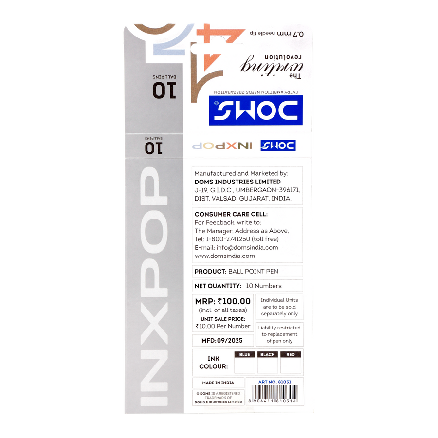 DOMS INXPOP Ball Pen Pack of 10 – 0.7 mm Smooth Writing Pens | Blue, Black & Red Ink | Premium Pastel Ball Pens for School, Office & Daily Use