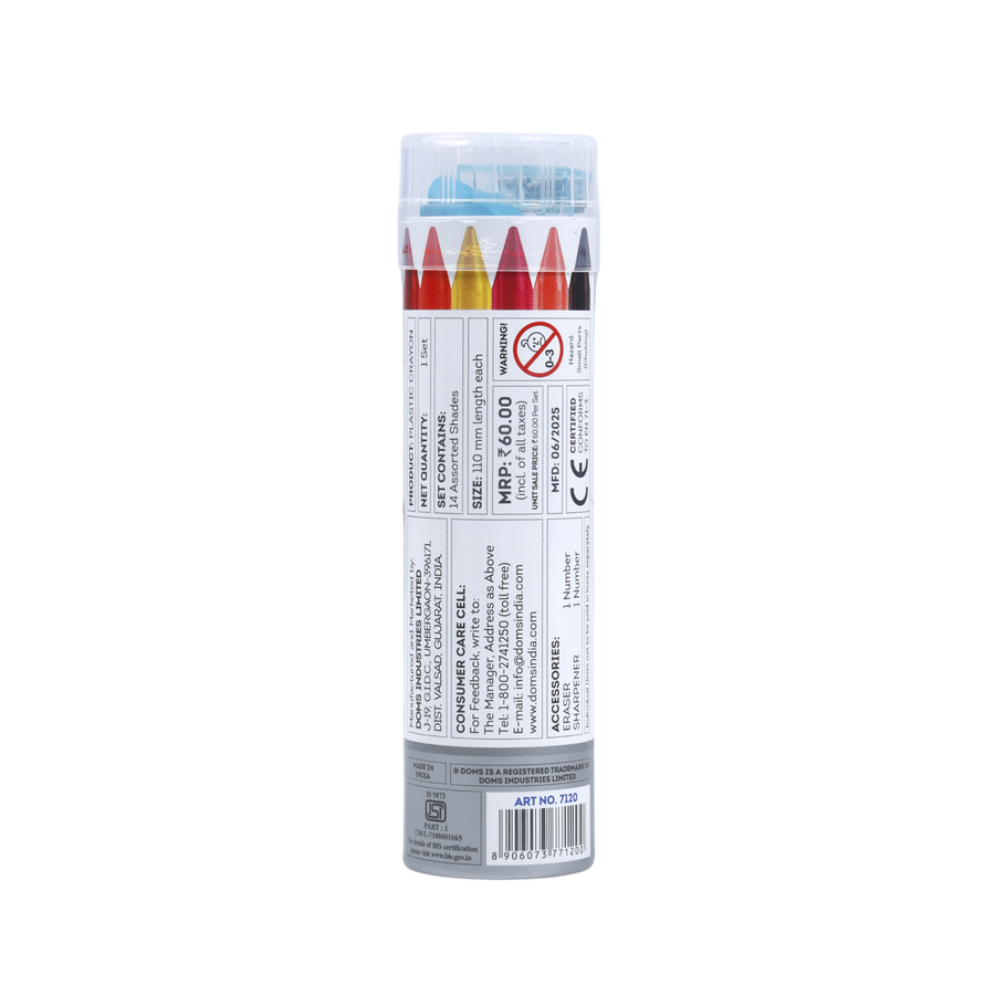 DOMS Plastic Crayons Set – Erasable & Sharpenable Colour Crayons for Kids | Smooth & Bright Shades