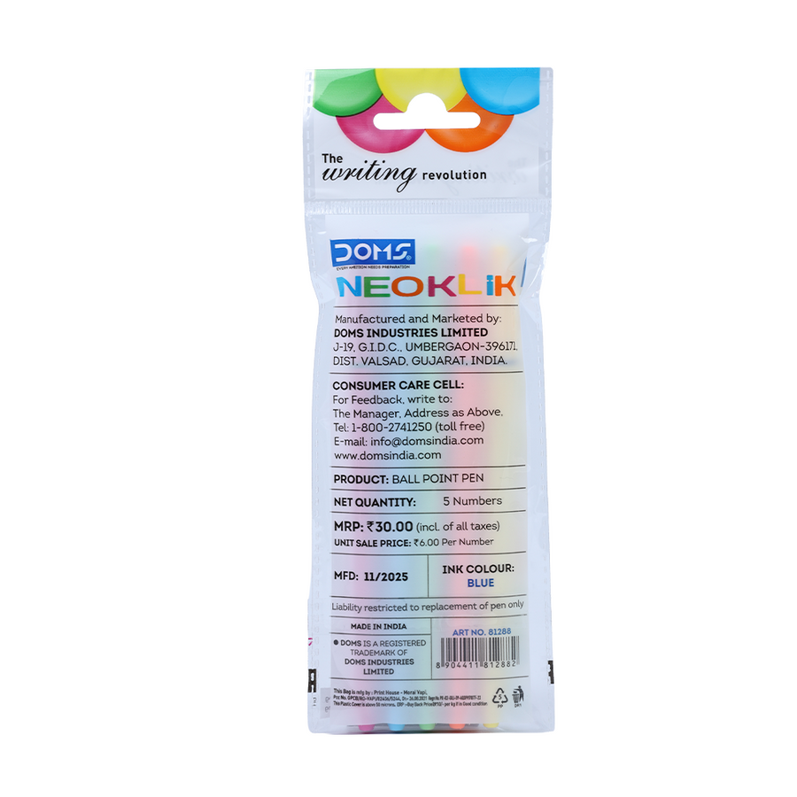 DOMS NEOKLIK Ball Pen 0.7 mm – Smooth Blue Ink Pens | Pack of 5 Multicolor Body Pens for School, Office & Daily Writing