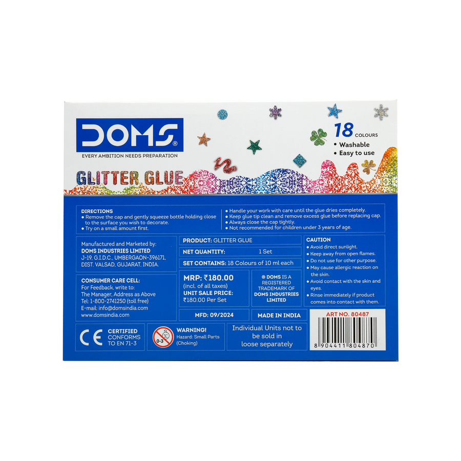 DOMS Glitter Glue 10 ML 18 Shades – Sparkling Craft Glue Set for Kids, DIY Art & Decoration