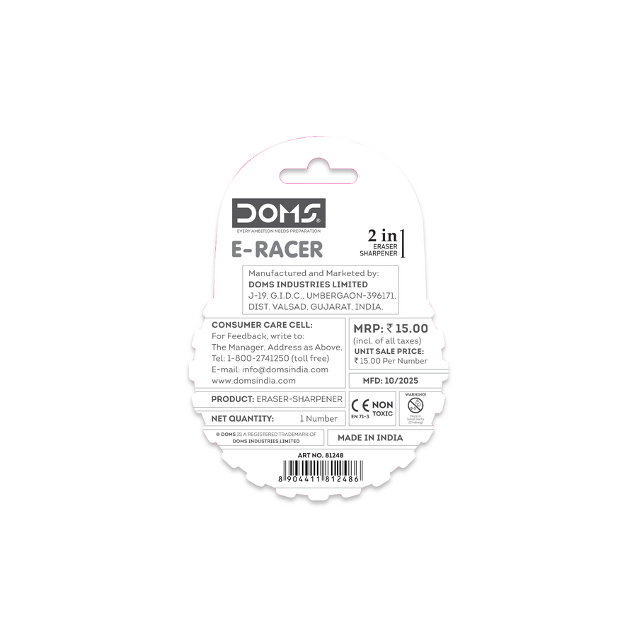 DOMS E-RACER 2-in-1 Eraser + Sharpener | Dual Function Pencil Eraser with Built-in Sharpener | Compact, Non-Toxic School & Office Stationery