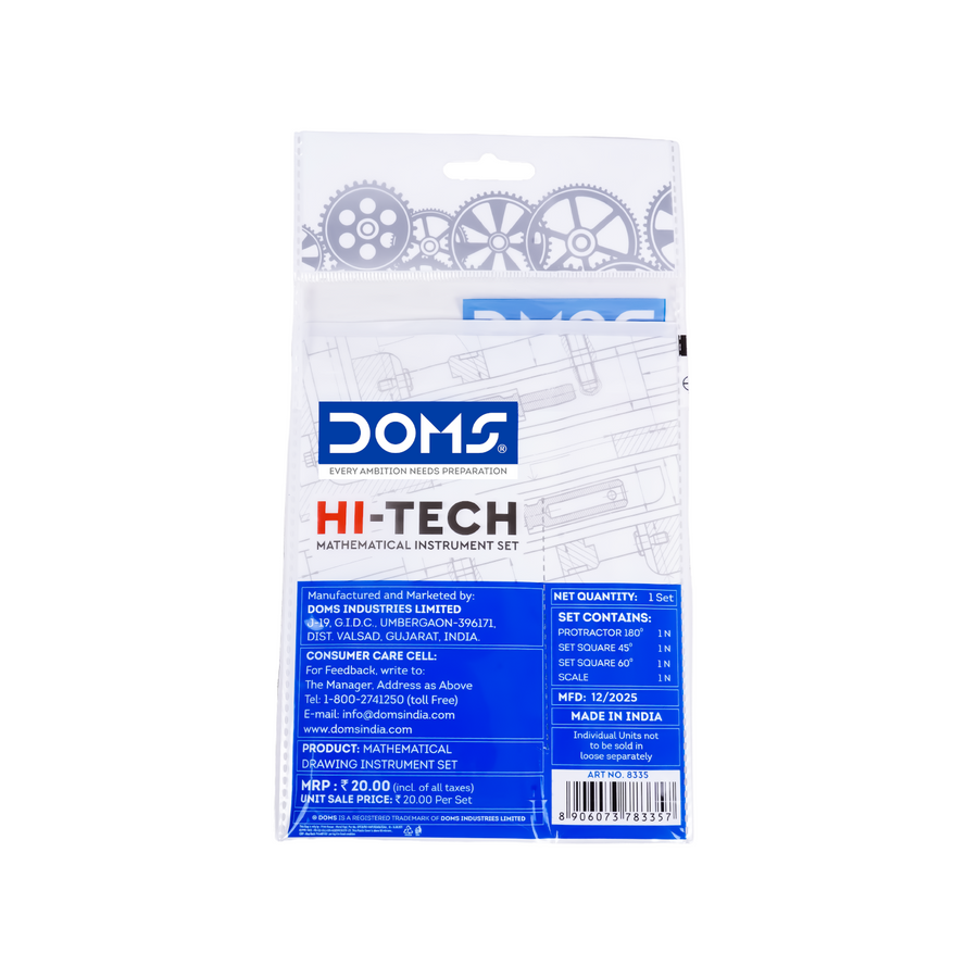 DOMS Hi-Tech Math Instrument Box – 4-Piece Geometry Set with Scale, Protractor & Set Squares for Students