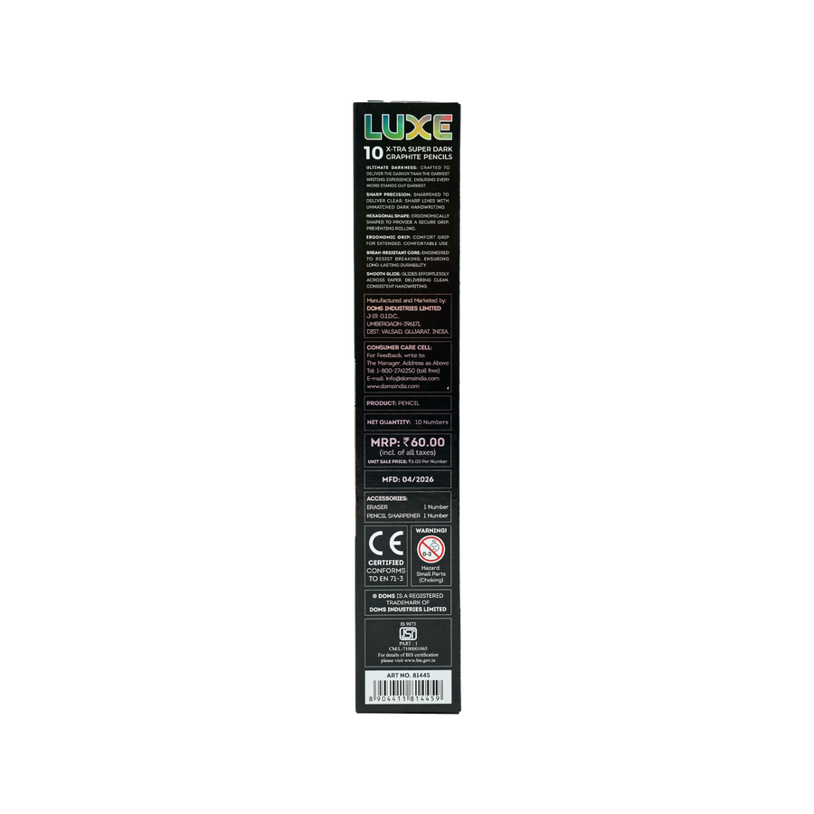DOMS LUXE Graphite Pencils HB/2 – Pack of 10 | X-Tra Super Dark Pencils for Writing, Drawing & Sketching | Includes Eraser & Sharpener
