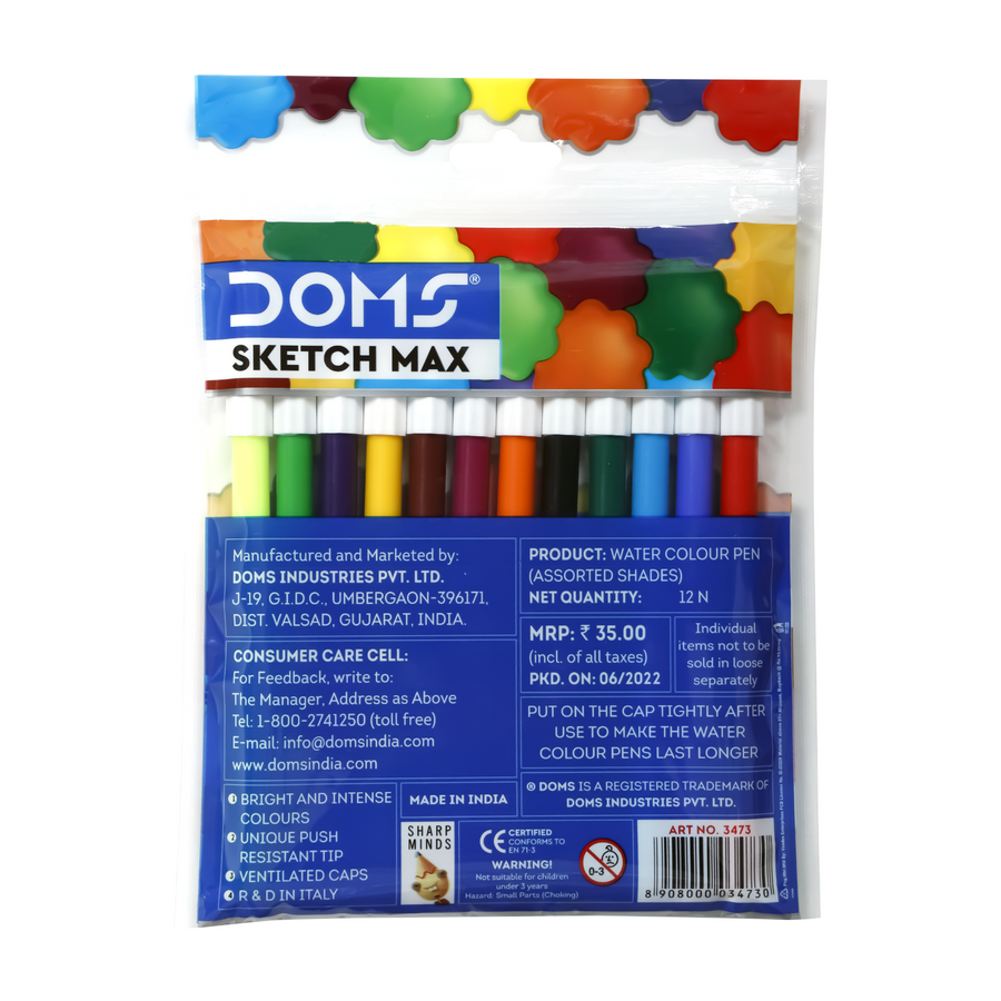 DOMS Sketch Max Water Colour Pens  | Fine Tip Water-Based Colour Pens for Drawing, Sketching & Colouring