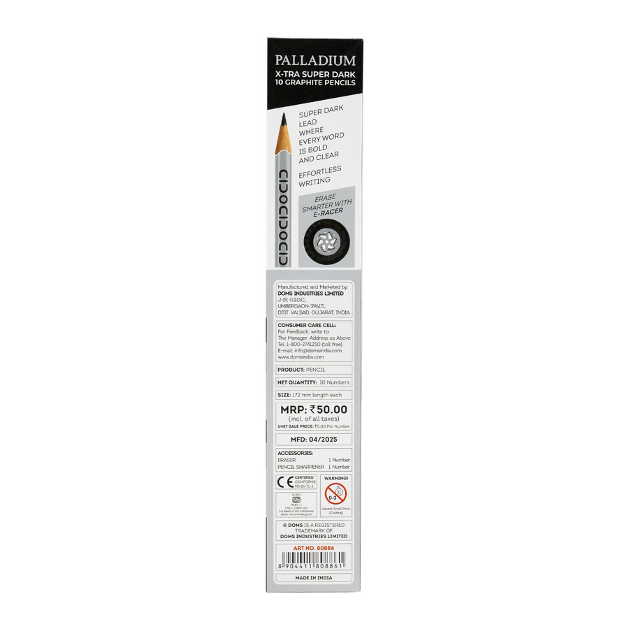 DOMS Palladium X-Tra Super Dark Graphite Pencils Pack of 10 with Eraser & Sharpener | Premium Writing & Drawing Pencils for School & Office Use