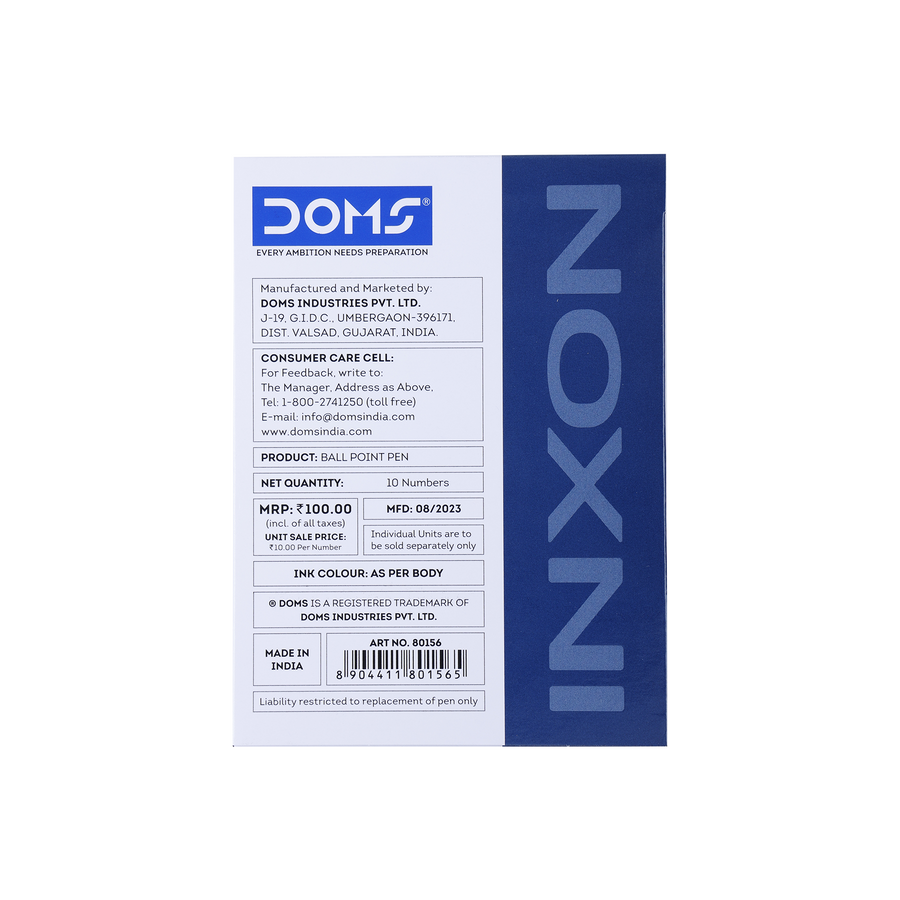DOMS INXON Ball Pens Pack of 10 – 0.7mm Needle Tip Smooth Writing Pens, ULV Ink Technology, Blue, Black & Red Ink Pens for School & Office