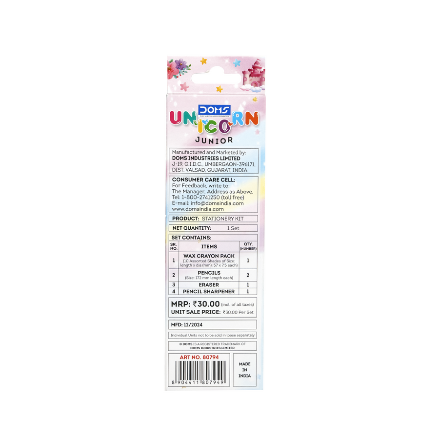 DOMS Unicorn Junior Stationery Kit – Kids Creative Combo with Wax Crayons, Pencil, Eraser & Sharpener for School & Art Activities