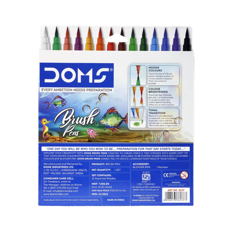 DOMS Brush Pens 13+1 Colors – Fine & Bold Stroke Pens for Calligraphy and Sketching