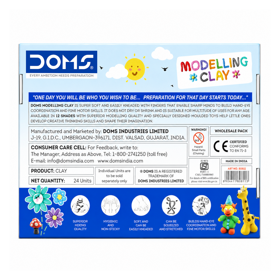 DOMS Modelling Clay Bar Set – 12 Shades, 24 Pieces (60g Each) | Soft Non-Sticky Clay for Kids Art & Craft