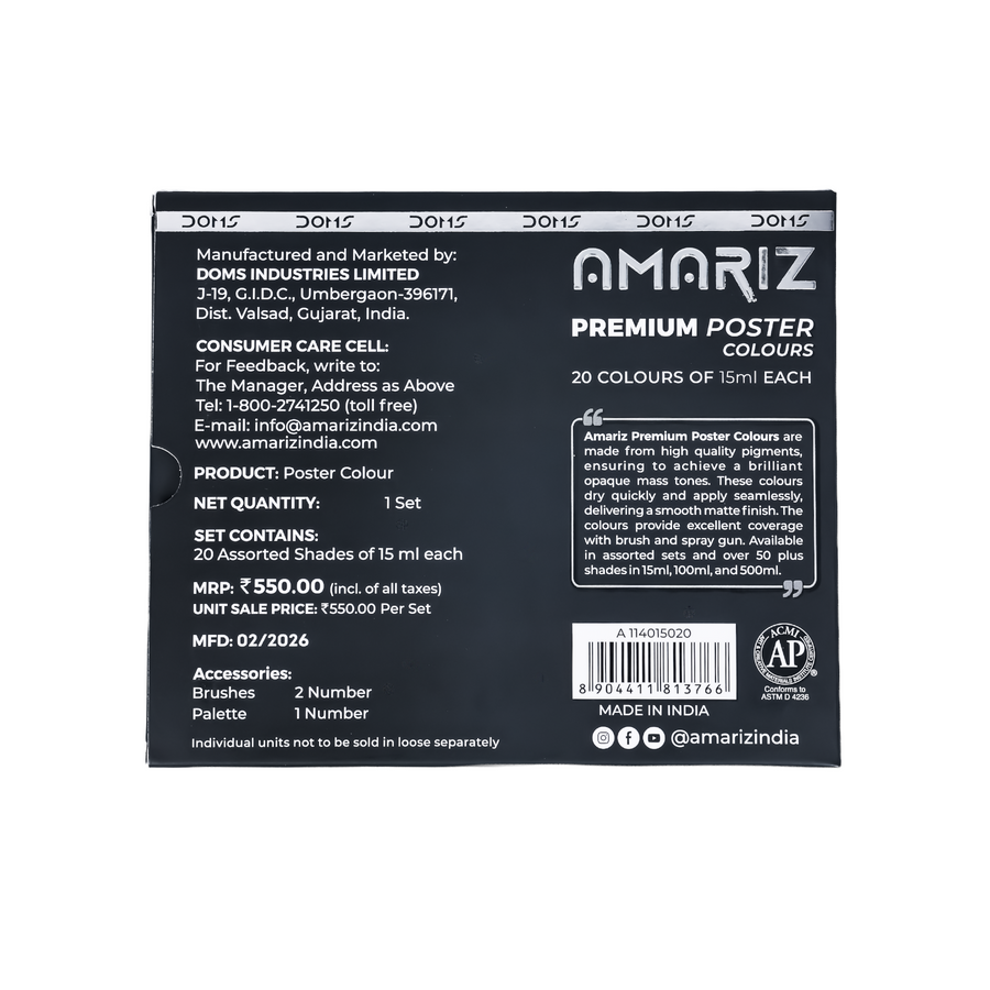 Amariz Premium Poster Colours Set | Rich Matte Finish Poster Paints for Artists, Students & Designers