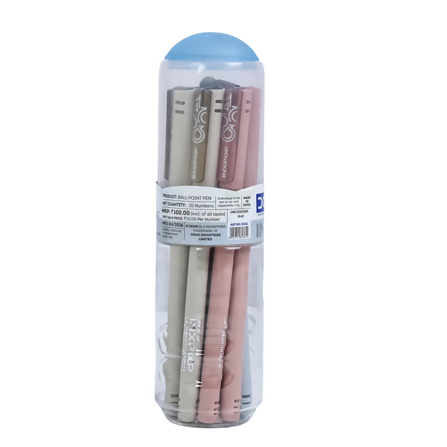 DOMS INXPOP Ball Pen Jar Pack of 10 – 0.7 mm Smooth Writing Pens | Blue, Black & Red Ink | Premium Pastel Pens in Capsule Bottle
