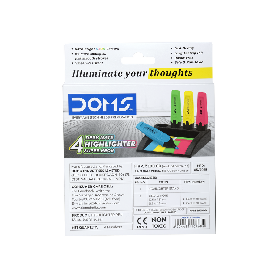 DOMS Deskmate 4 Assorted Highlighter Pens- 4 Pack Fluorescent Markers + Sticky Notes Desk Organizer Kit