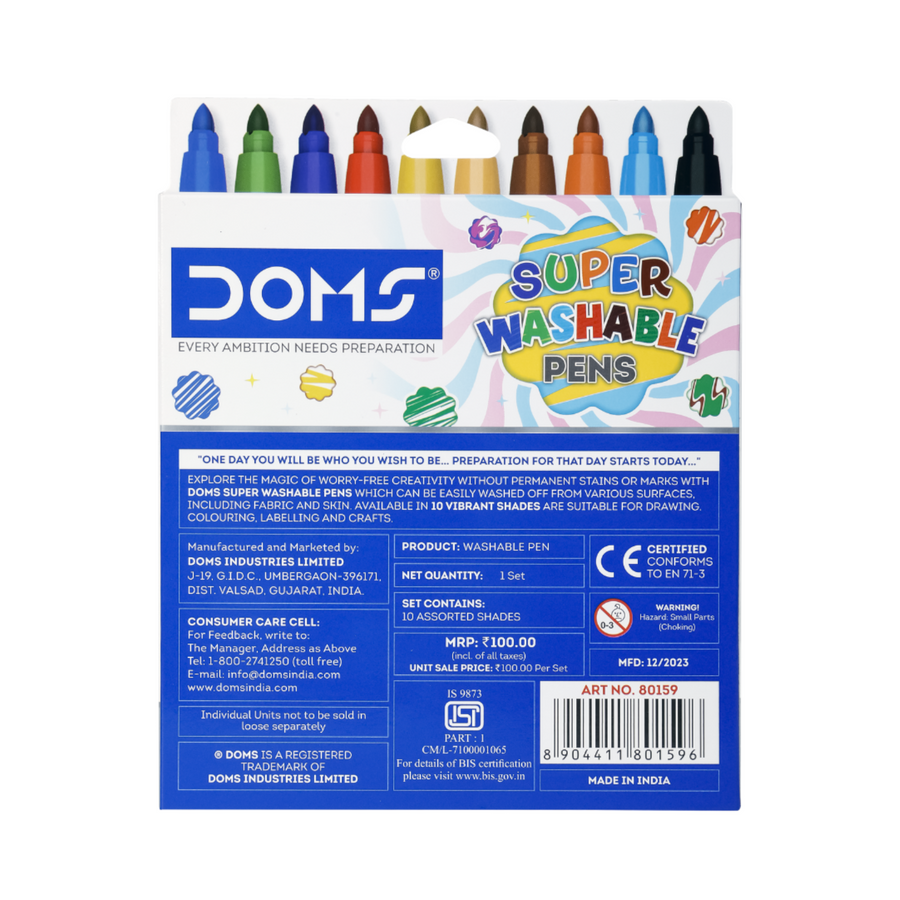 DOMS Super Washable Pens 10 Shades | Easy Wash Ink Colouring Pens for Kids, School & Art