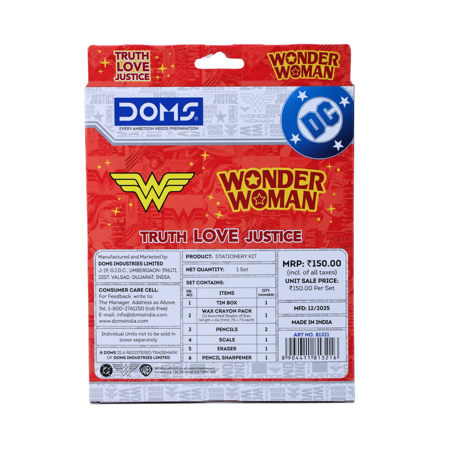 DOMS Wonder Woman Stationery Kit – Kids School Supplies Set with Pencils, Eraser, Sharpener & Ruler | Superhero Theme Gift Kit for Girls