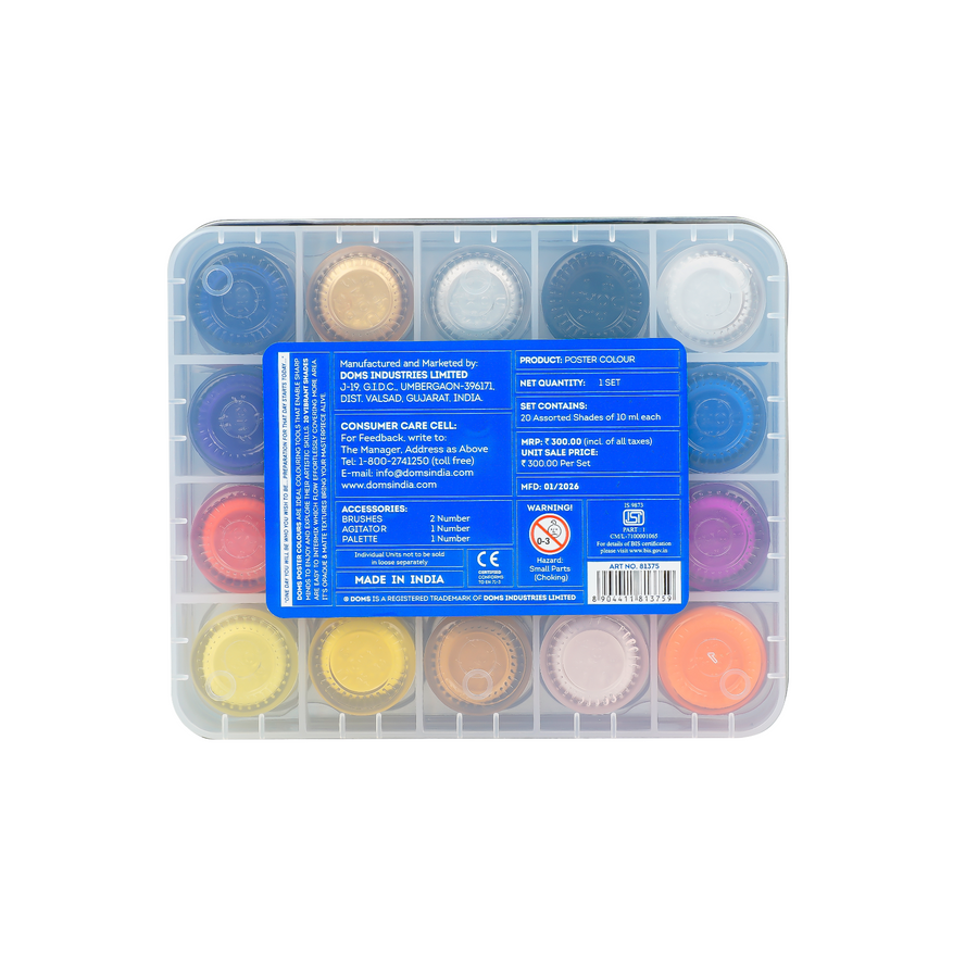 DOMS STUDENT POSTER COLOUR 20 SHADES – Vibrant Water-Based Paint Set for School & Creative Projects