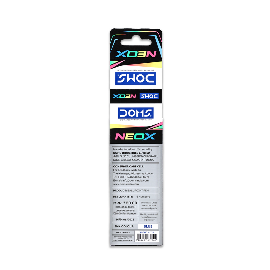 DOMS NEOX Ball Pens Pack of 5 | Blue Ink | 0.7 mm Needle Tip | Assorted Neon Bodies