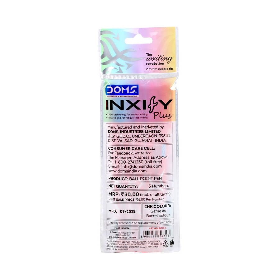 DOMS INXIFY Plus Ball Pens Pack of 5 – 0.7mm Needle Tip Smooth Writing Pens, Blue, Black & Red Ink Pens with Comfortable Grip for School & Office