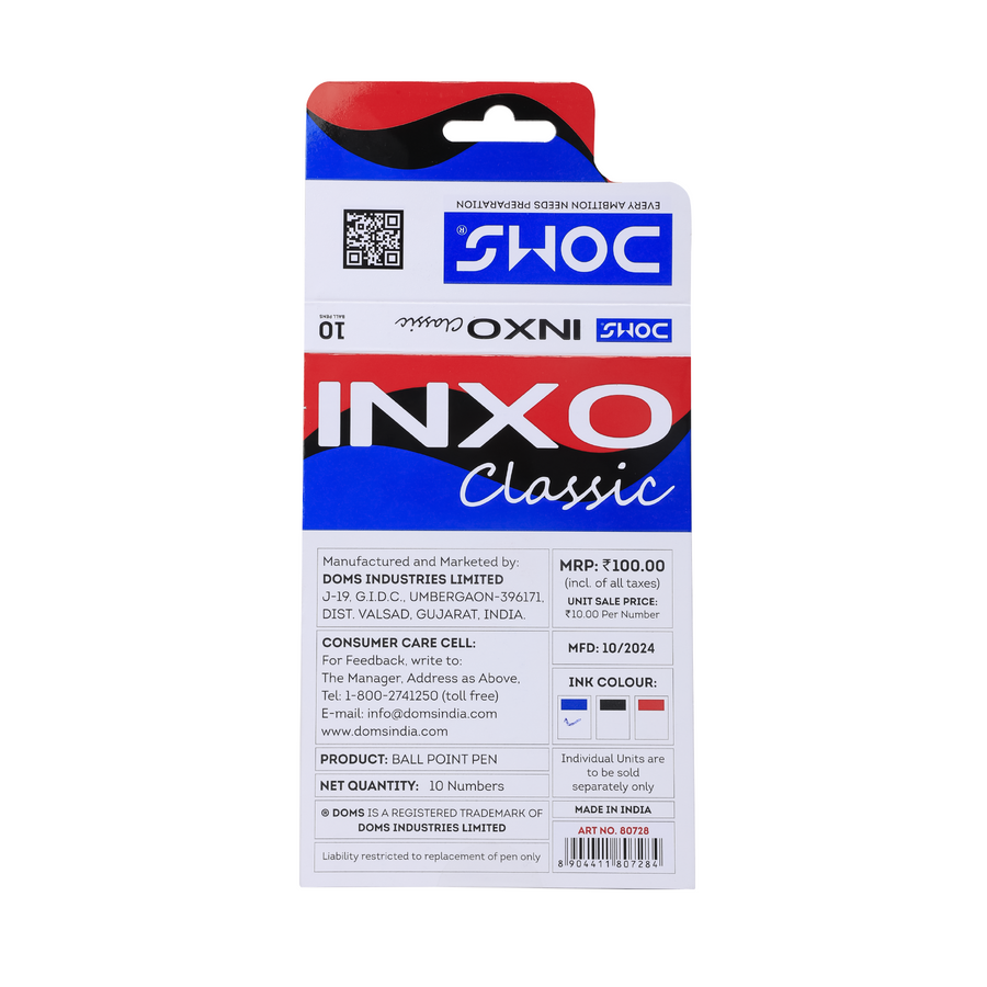 DOMS INXO Classic Ball Pens Pack – 0.7mm Tip | Pack of 10 Pens | Smooth ULV Ink Technology | Blue, Black & Red Pens