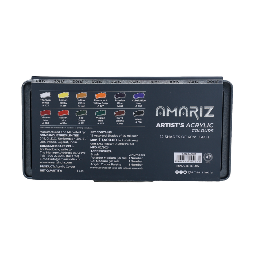 DOMS Amariz Artist’s Acrylic Colours Set | Professional Acrylic Paint Kit | Rich Pigments for Canvas, Wood & Craft Painting