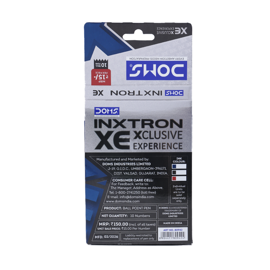 DOMS INXTRON XE Ball Pen Pack of 10 – 0.7 mm Smooth Writing Pens | Blue, Black & Red Ink | Premium Grip Pens for School, Office & Daily Use