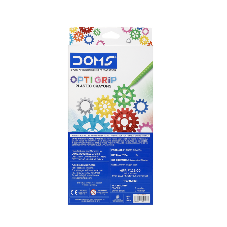 DOMS 24 Shades Opti Grip Plastic Crayons Set for Kids | Non-Toxic Vibrant Coloring Crayons | Smooth, Break-Resistant Art & Drawing Kit