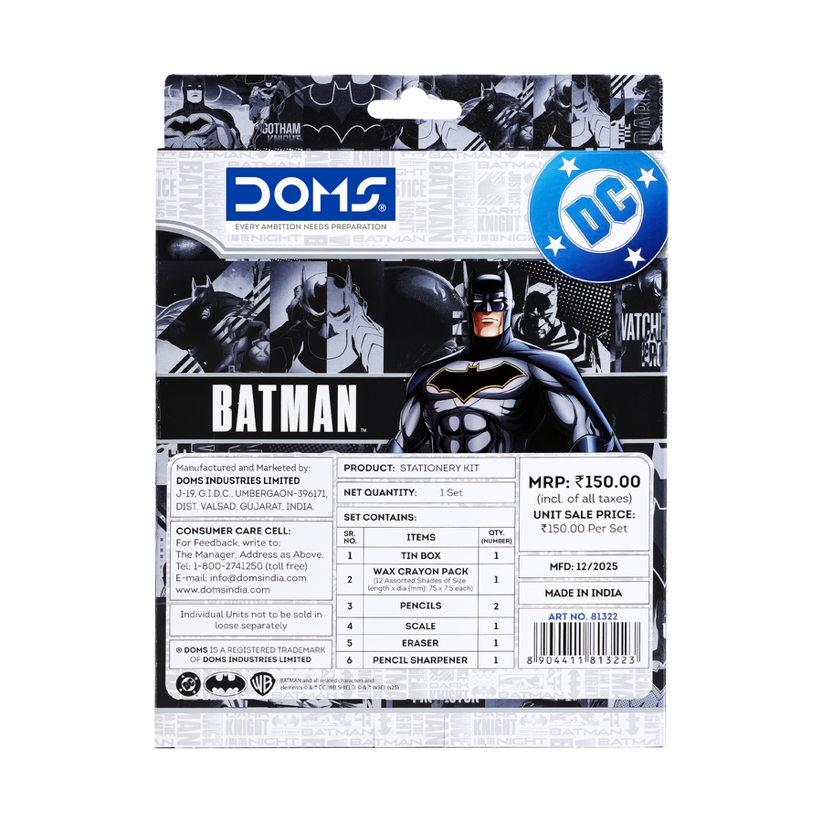 DOMS Batman Stationery Kit with Metal Tin Box – Kids School Kit with 12 Wax Crayons, Pencils, Sharpener, Eraser & Scale | DC Superhero Gift Set