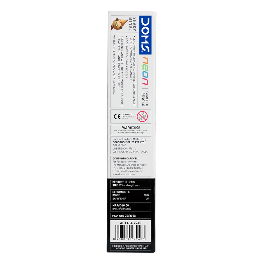 DOMS Neon Rubber-Tipped Graphite Pencils | Super Dark Writing | Smooth Finish | Eraser Tipped | School & Office Use