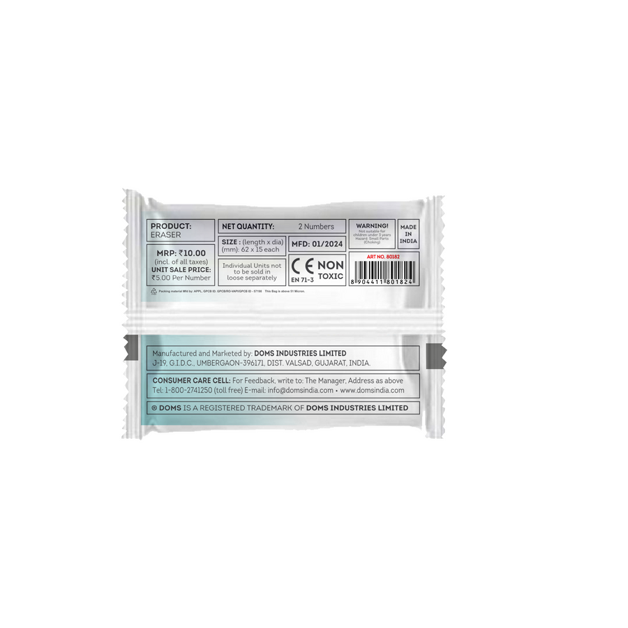 DOMS PEPCILS Dust-Free Eraser | Premium Smudge-Free Pencil Eraser | Soft, Non-Toxic, Clean Erasing for School, Office & Art Use