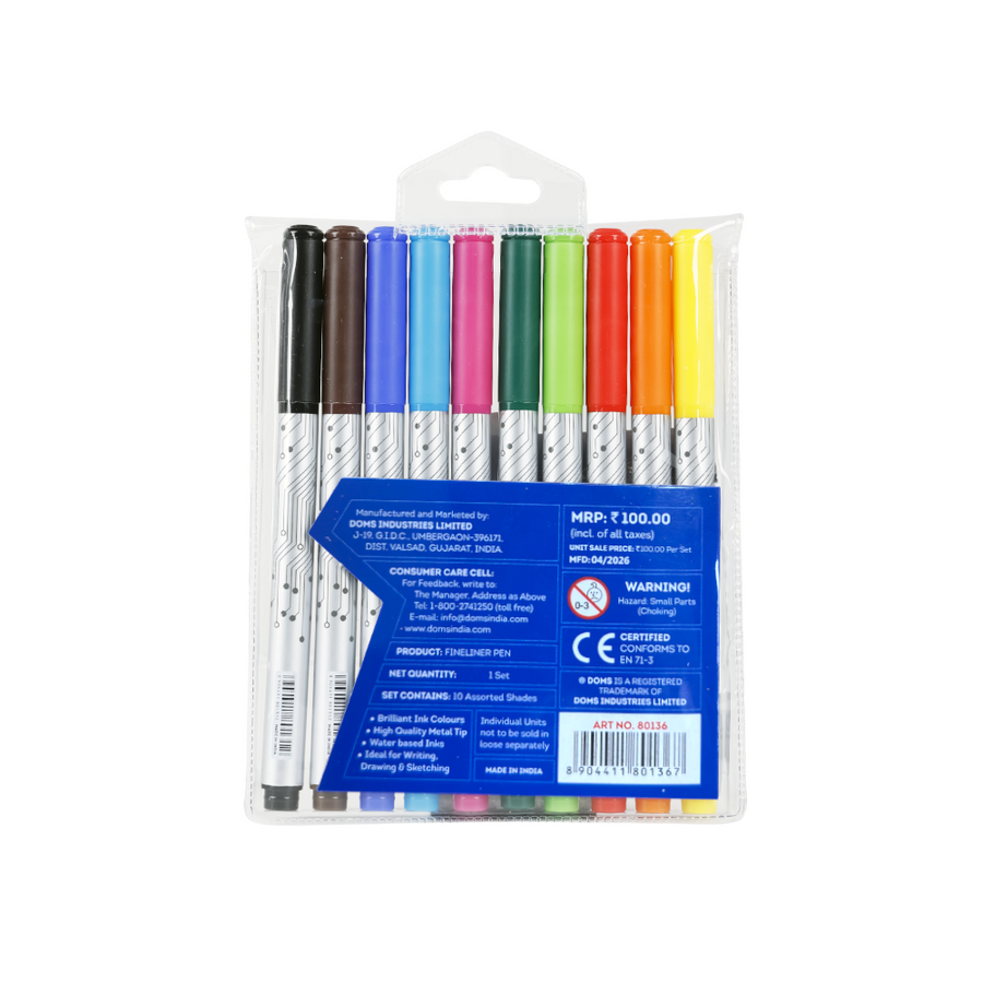 DOMS F9 Liner Pen Set – 10 Vibrant Shades | Fine Tip Colour Pens for Writing, Sketching & Doodling | Smooth Ink Flow Fineliner Pens for Students & Artists