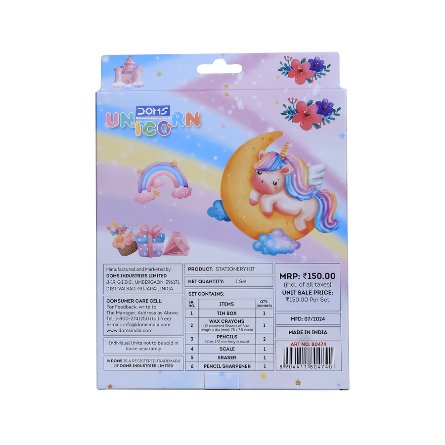 DOMS Unicorn Kit – Kids Stationery Set with Pencil Box, Wax Crayons, Pencils, Eraser, Sharpener & Scale | Cute Unicorn Theme School Kit