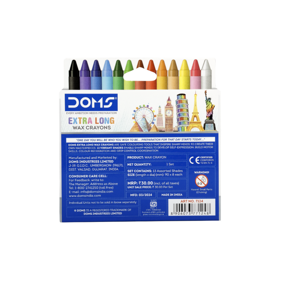 DOMS Extra Long Wax Crayons Set – Super Smooth Bright Colour Crayons for Kids
