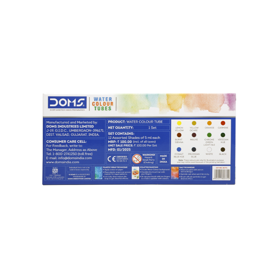DOMS Water Colour Tubes (12 Shades) with Synthetic Brush | Rich Pigment Watercolors for Students & Beginners