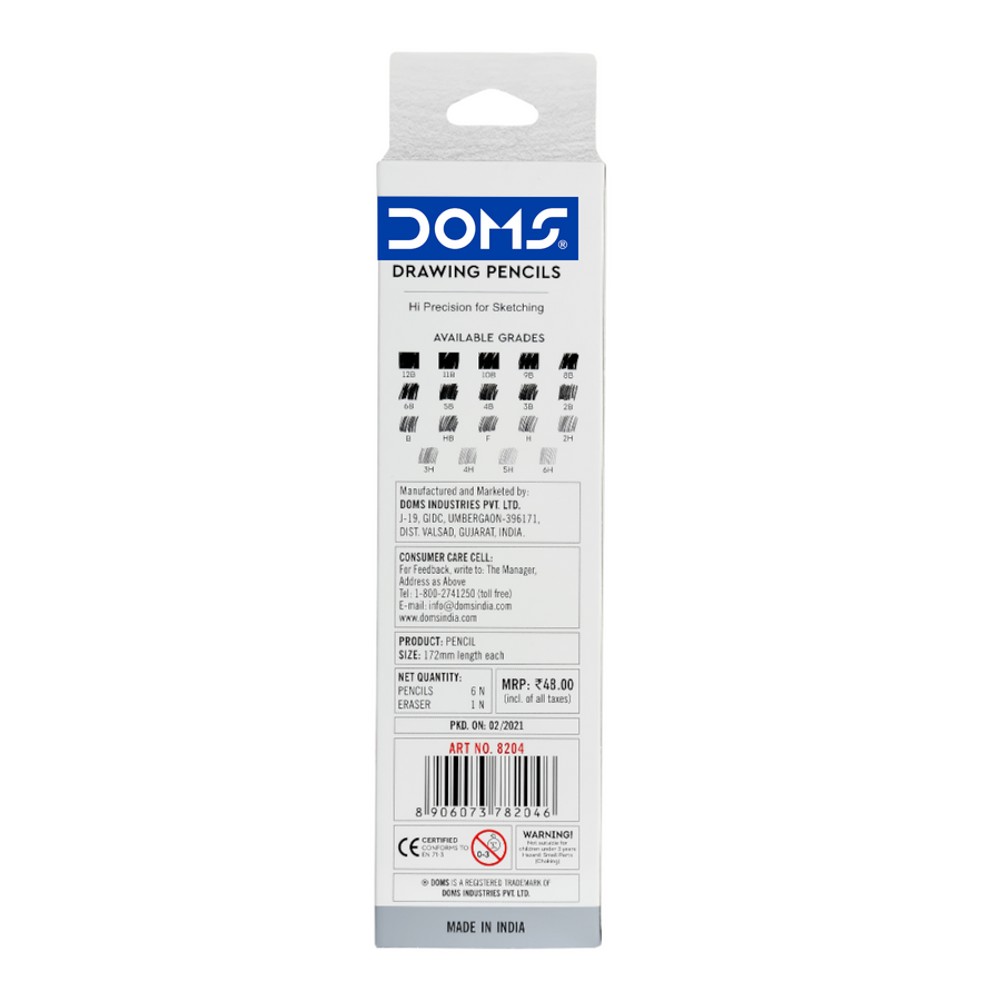 DOMS Drawing Pencil Set of 6 (HB–10B) | Professional Sketching Pencils with Eraser | High Precision Graphite Pencils for Artists, Students & Shading
