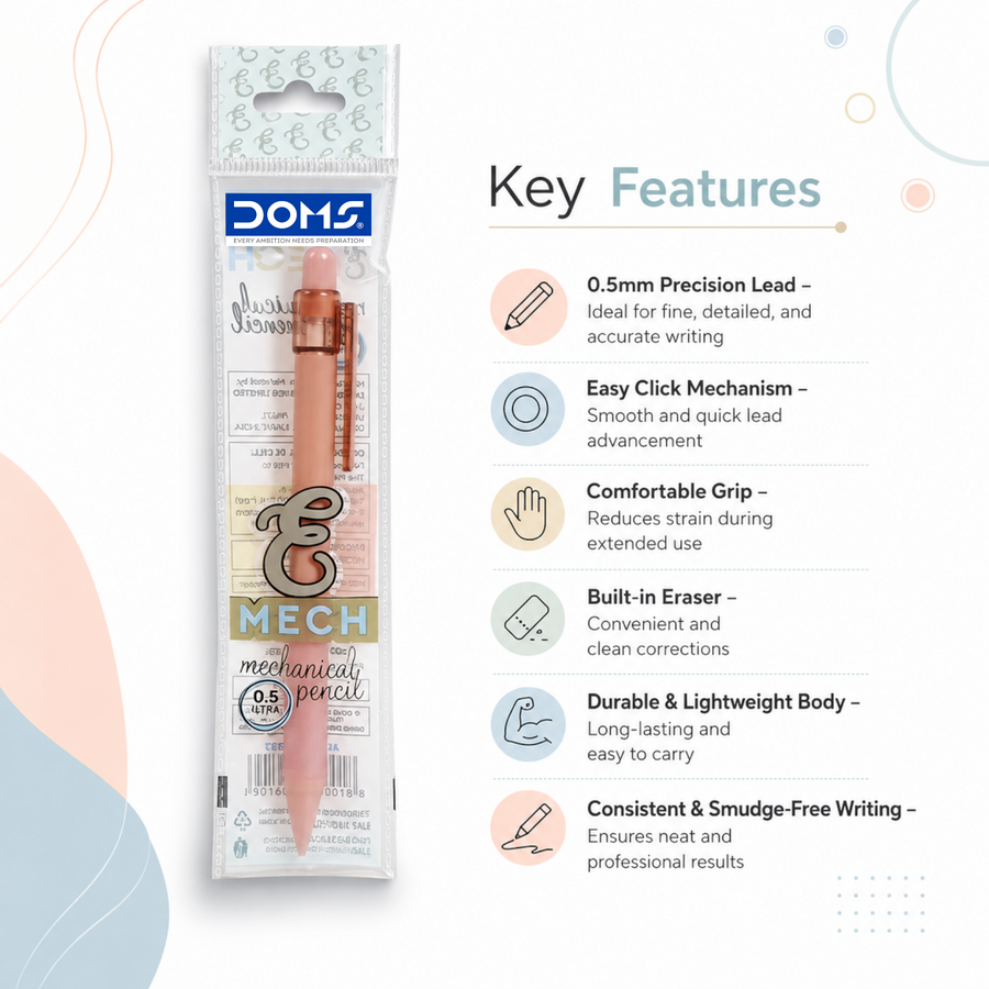 DOMS E-Mech Mechanical Pencil 0.5mm | Precision Fine Writing Pencil with Smooth Click Mechanism & Eraser | Comfortable Grip