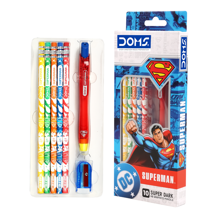 DOMS Superman Pencil Set | Superman-themed designs Pencils|Super Dark Writing |  Pencils with Sharpener& Eraser for School Kids | Official Licsenced Merchandise