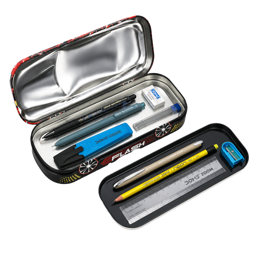DOMS Flash Tin Box – Superhero Metal Storage Case | Durable Pencil Box for Kids | Stylish Car Design Storage Organizer | Official licensed Merchandise