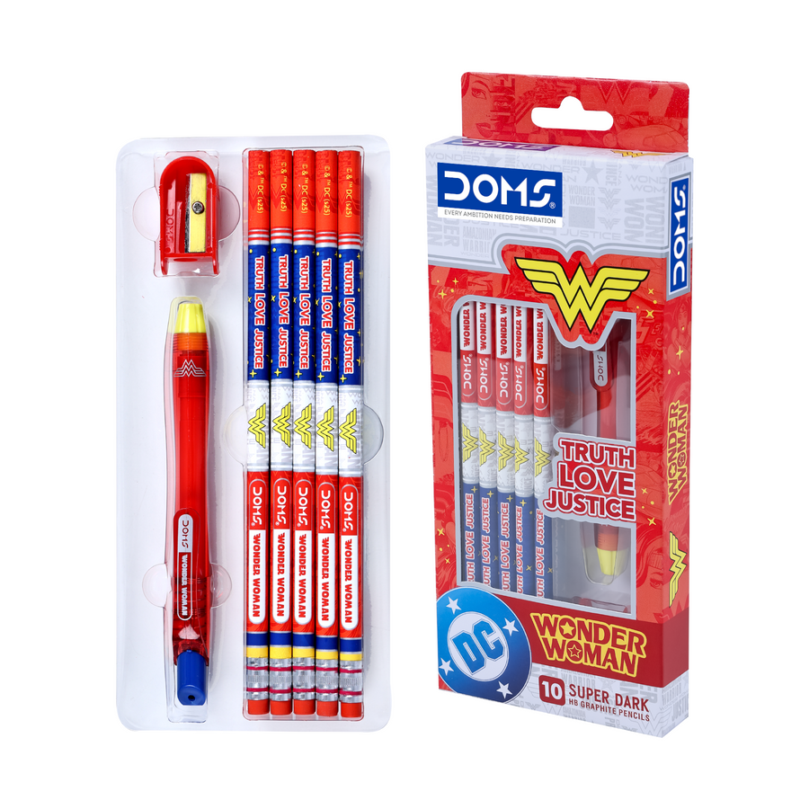 DOMS Wonder Woman Pencil Set | Wonder Women Themed Graphite Pencils with Sharpener & Eraser | Premium Writing  Kit for Students | Official Licsenced Merchandise