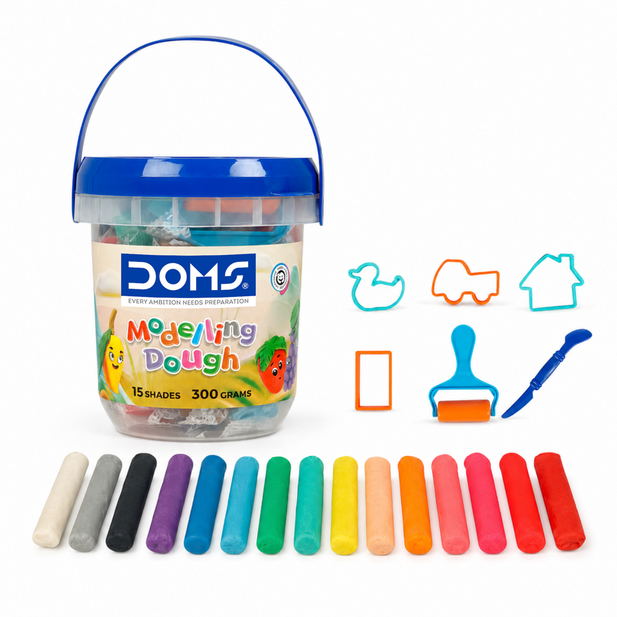 DOMS Modelling Dough 15 Shades (300g) with Bucket & Tools | Soft Non-Toxic Kids Dough for Creative Play
