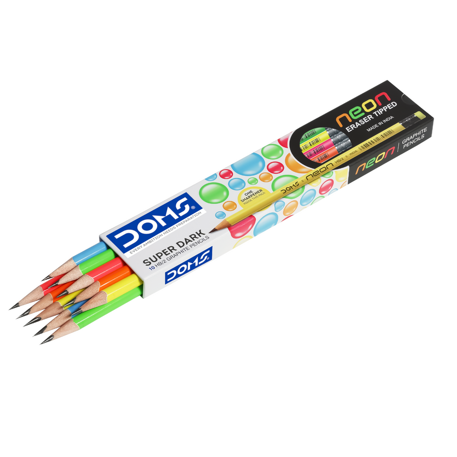 DOMS Neon Rubber-Tipped Graphite Pencils | Super Dark Writing | Smooth Finish | Eraser Tipped | School & Office Use