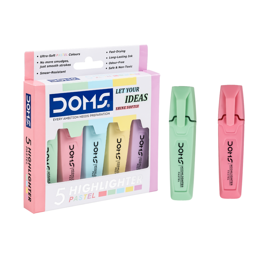 DOMS Pastel Highlighters Set of 5 – Soft Color Highlighter Pens, Smudge-Free, Fast Drying, Non-Toxic Study & Office Supplies