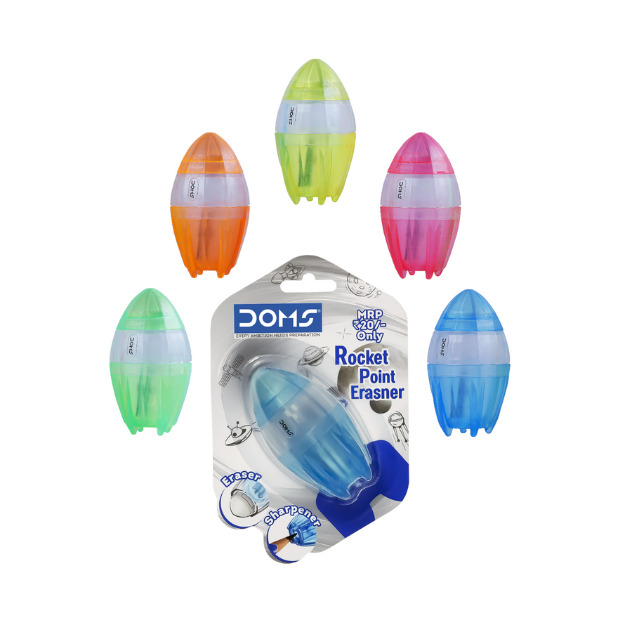 DOMS Rocket Point Erasner – 2-in-1 Eraser with Built-in Sharpener | Precision Erasing & Smooth Sharpening | Perfect for Students