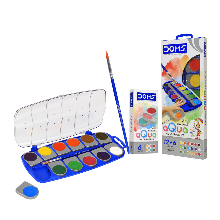 DOMS Refillable Aqua Color Cakes 18 Shades (30mm) | Watercolor Paint Set with Large Pans | Non-Toxic, Vibrant & Smooth Blending Art Kit