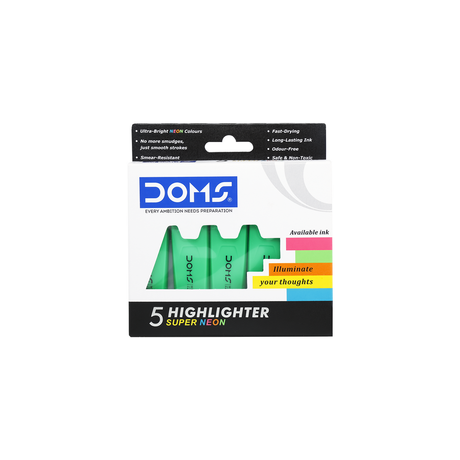 DOMS Super Neon Highlighters Pack of 5 in One Colour | Fast-Drying, Smear-Resistant Ink for Study Notes & Documents