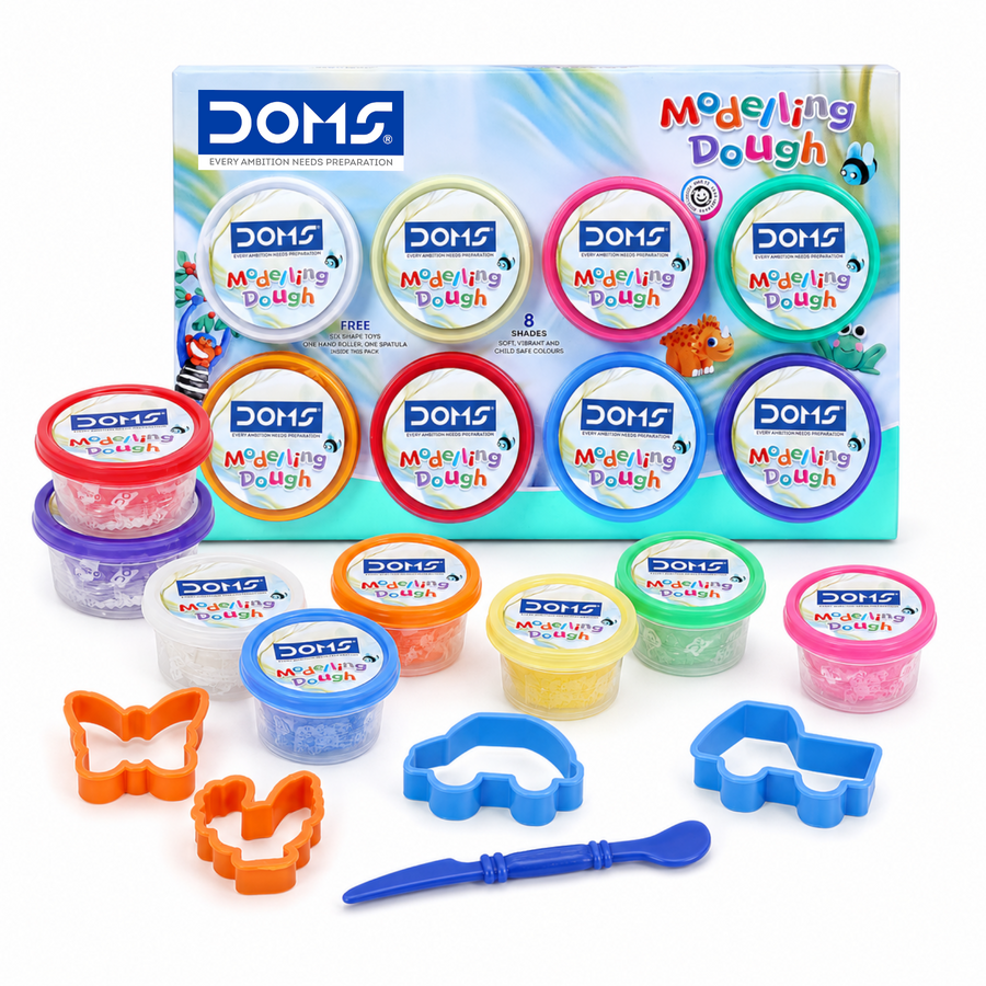 DOMS Modelling Dough 8 Shades (200g) – Soft Non-Toxic Clay Dough Set for Kids with Tools | Easy Moulding Art & Craft Kit