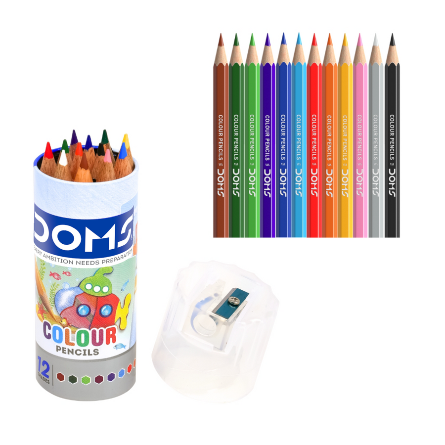 DOMS Half Size 12 Shades Colour Pencil Tin Pack | Premium Metal Box with Vibrant Colour Pencils & Sharpener