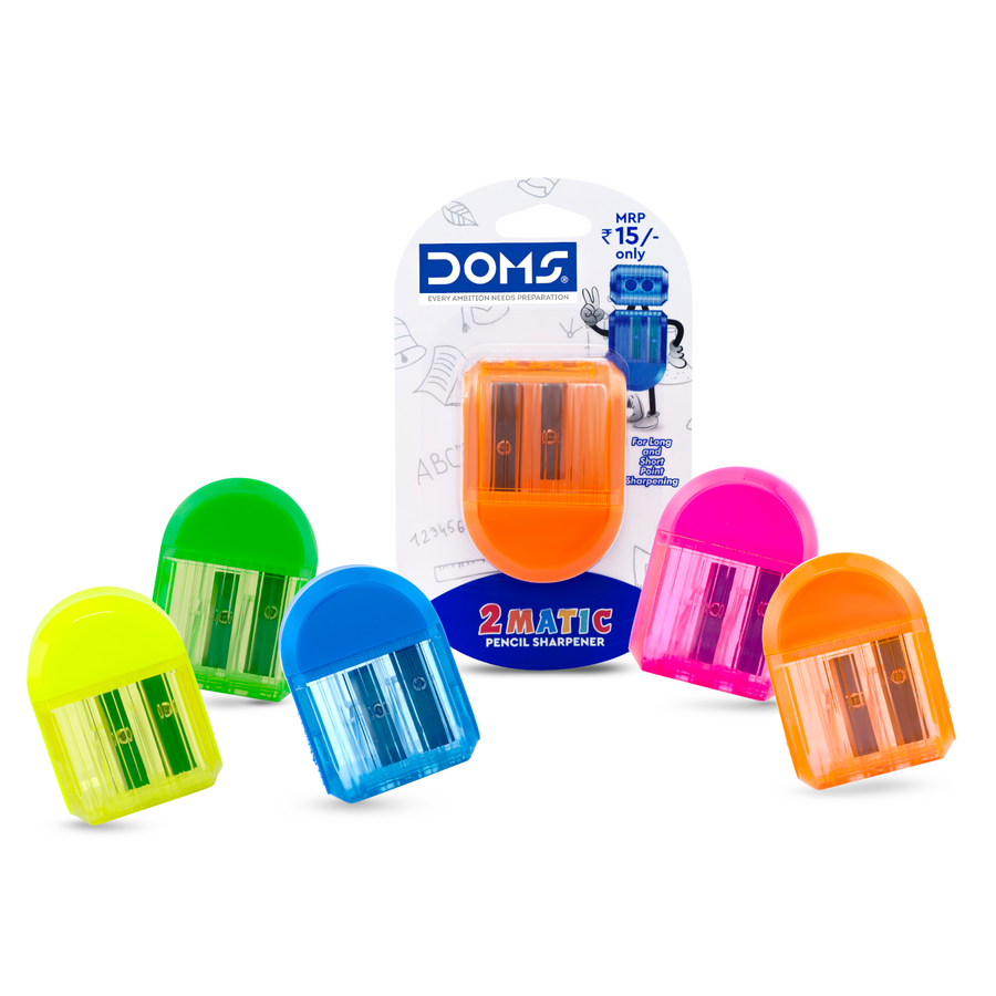 DOMS 2 Matic Pencil Sharpener | Dual Cave Sharpener for Long & Short Point | Smooth Sharpening, Durable Blade for School & Office Use