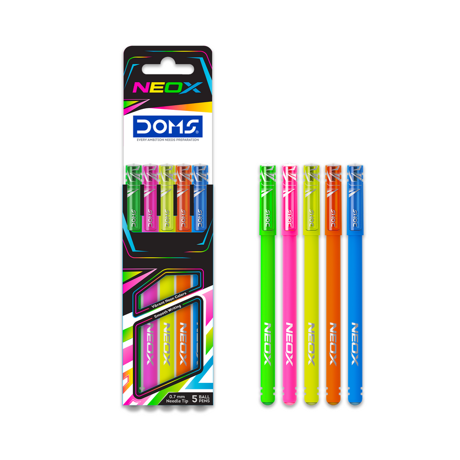 DOMS NEOX Ball Pens Pack of 5 | Blue Ink | 0.7 mm Needle Tip | Assorted Neon Bodies