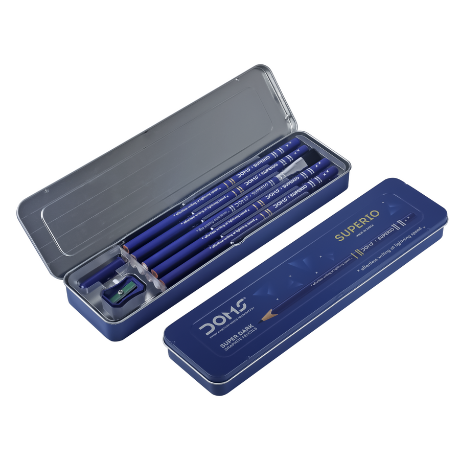 DOMS Superio Graphite Pencils | Super Dark Smooth Writing with Eraser Pencil | Sharpener & Brush  Premium Metal Tin Pack