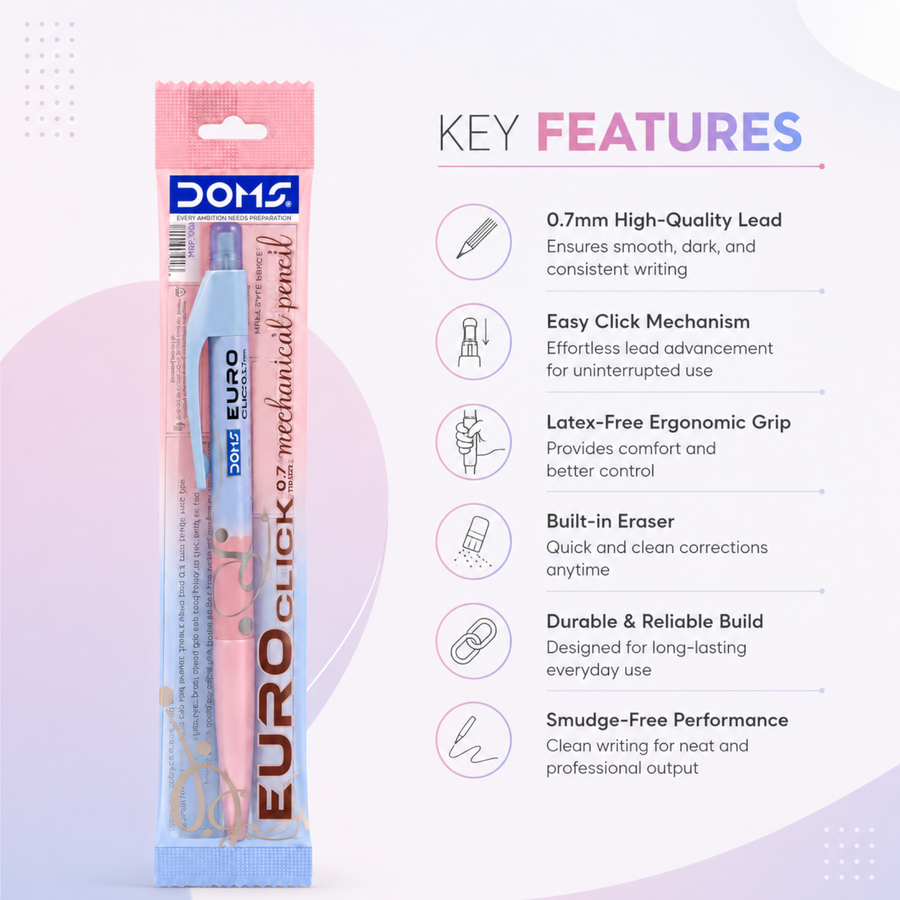DOMS Euro Click Mechanical Pencil 0.7mm | Smooth Writing Click Pencil with Perfect Grip & Built-in Eraser | Stylish Design